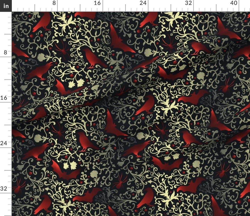 Various Fabrics by the Yard or Fat Quarter Black Red Gold Dark Victorian Ravens Gothic Bats Halloween Witches Spiders Pumpkins Ghosts October Custom Printed Fabric by Spoonflower