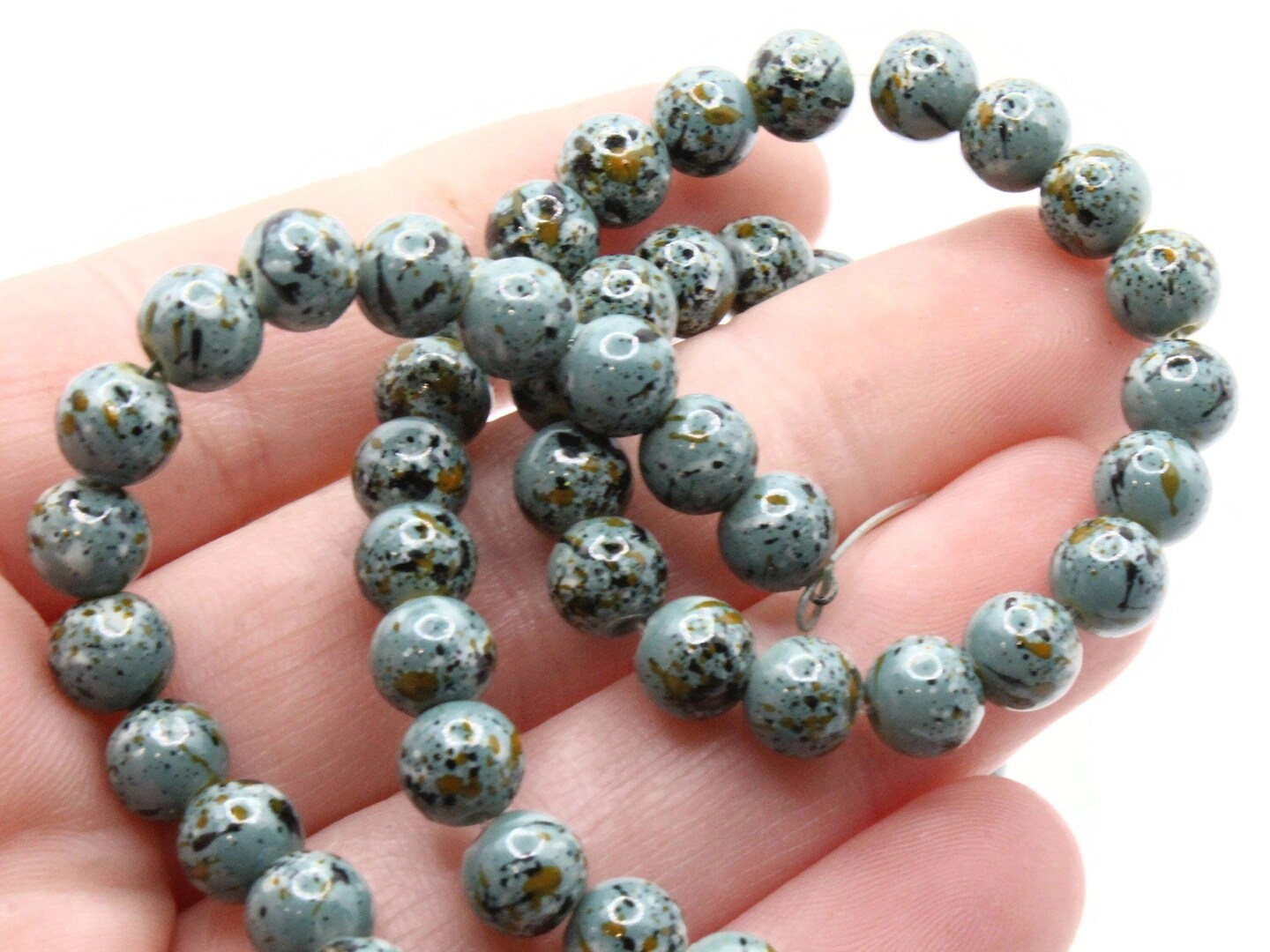 68 6mm Blue Gray  Splatter Paint Smooth Round Glass Beads