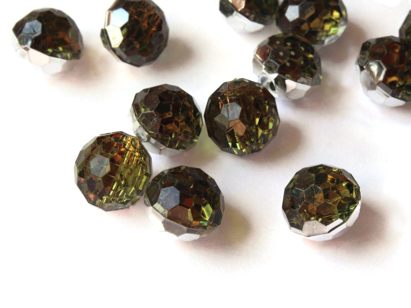 14 12mm Olivine Color Button Olive Green Acrylic Faceted Round Buttons