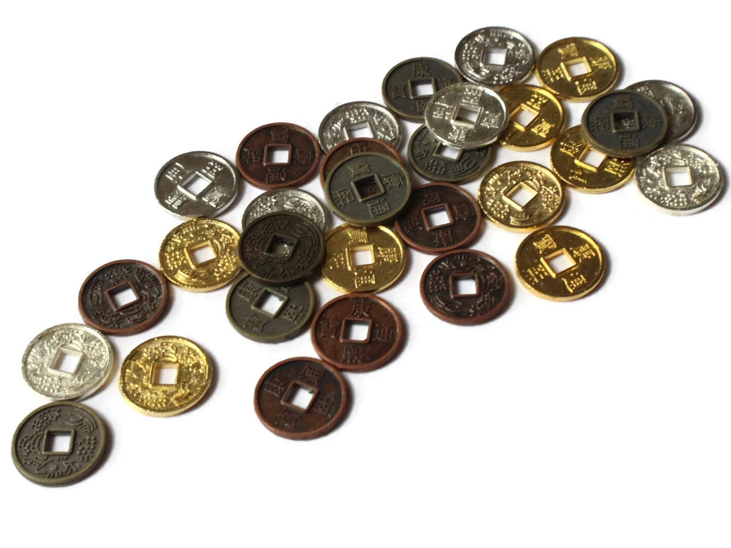 30 10mm Mixed Chinese Coin Beads Flat Round Miniature Replica Money with KangXi