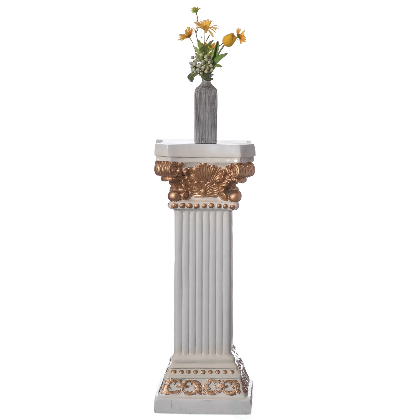 Decorative Fiberglass White and Gold Plinth Roman Style Column Ionic Piller Pedestal Vase Stand for Wedding or Party, Living Room, or Dining Room Decor - Photography Props - Sculpture Display - Greek-inspired Luxury Decor Piece with Ornate Gold Accen