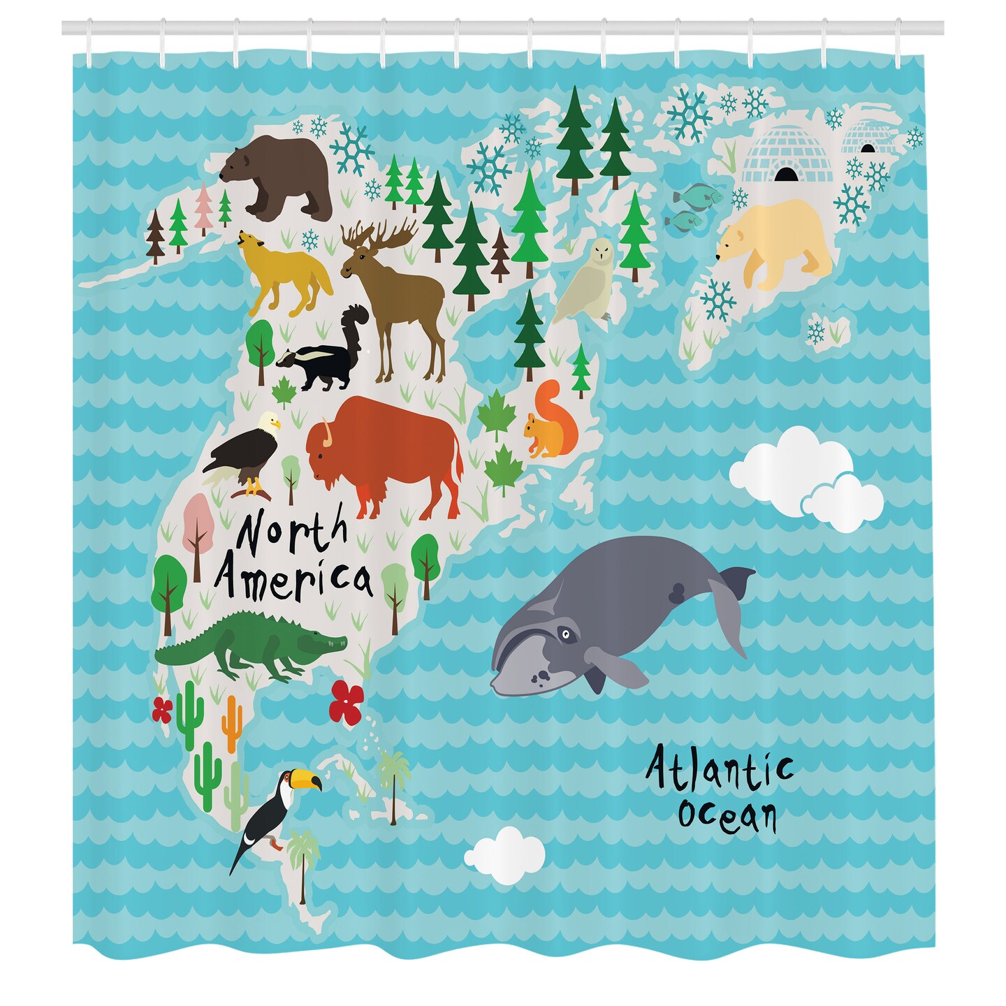 Ambesonne North America Shower Curtain, Continent Map with Cartoon Style Indigenous Animals Bear Moose Whale Gator, Cloth Fabric Bathroom Decor Set with Hooks, 69" W x 70" L, Turquoise Grey