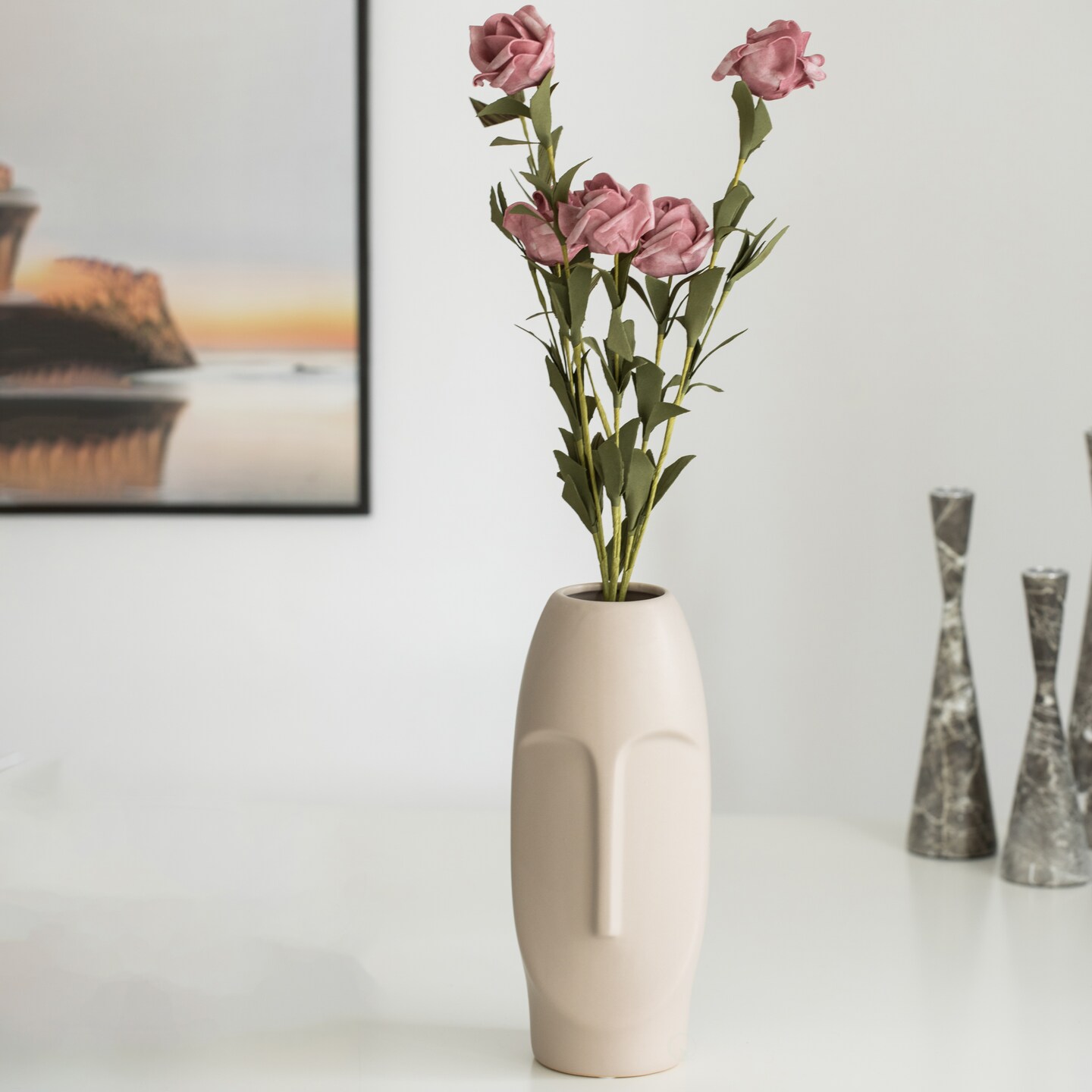 9.5&#x22; H Decorative Ceramic Abstract Face Modern Statue Sculpture Flower Centerpiece Vase