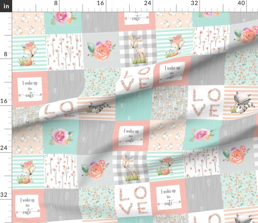 Woodland Animals Girl Quilt Top Deer Fox Raccoon Patchwork Wholecloth Gray Mint Peach Flowers Girls Custom Printed Fabric by Spoonflower Various Fabrics by the Yard or Fat Quarter