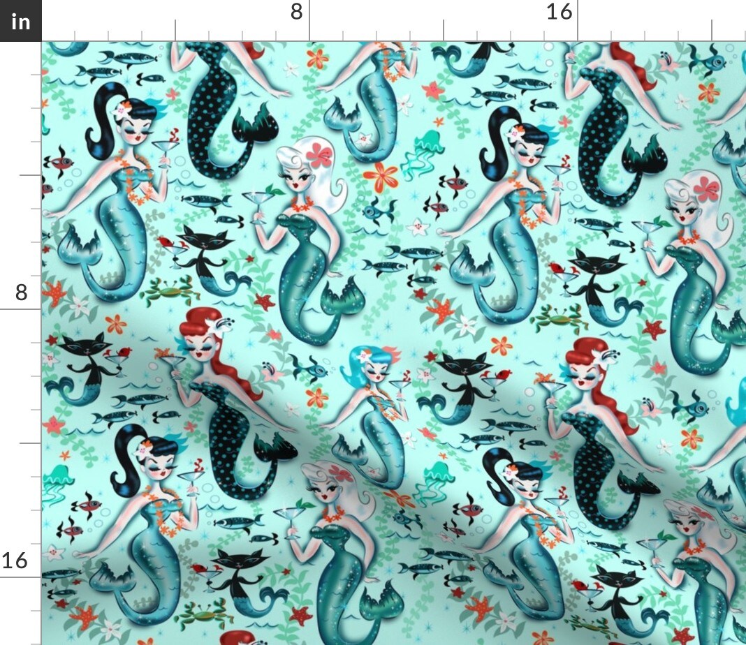 Midcentury Mod, Mermaids, Martini, Retro, Cocktail, Aqua, Cat, Starfish, Vintage, Kistch, Mod Custom Printed Fabric by Spoonflower Various Fabrics by the Yard or Fat Quarter