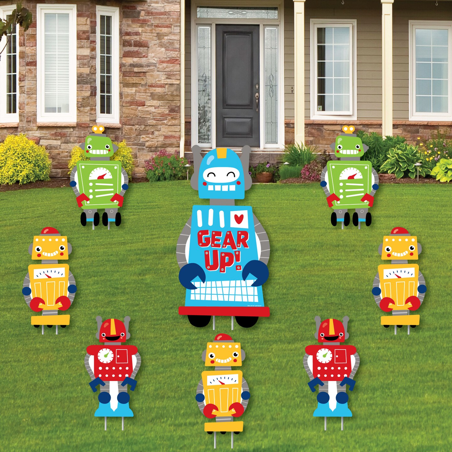 Big Dot of Happiness Gear Up Robots - Yard Sign and Outdoor Lawn Decorations - Birthday Party or Baby Shower Yard Signs - Set of 8