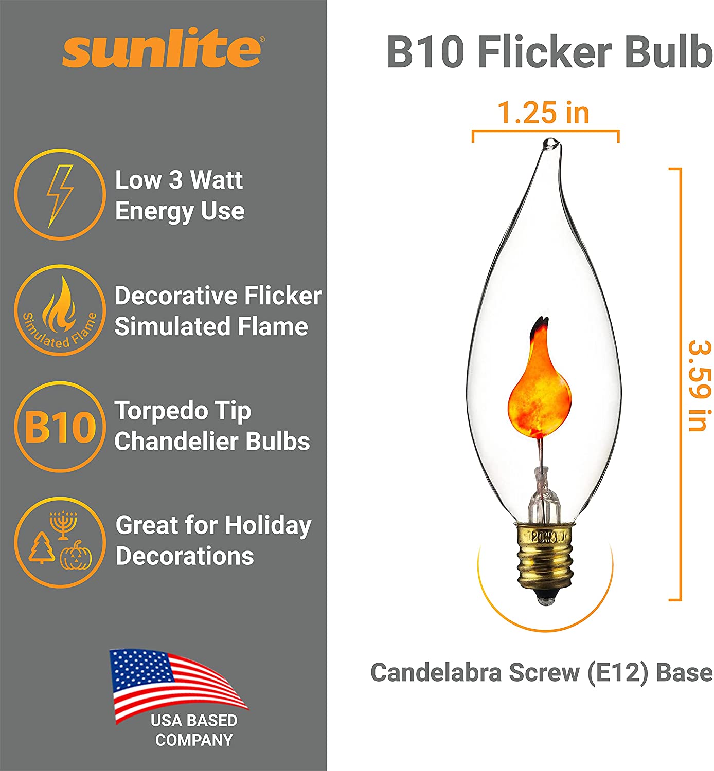 SUNLITE 3w 120v Candelabra Flicker Flame Clear bulbs
