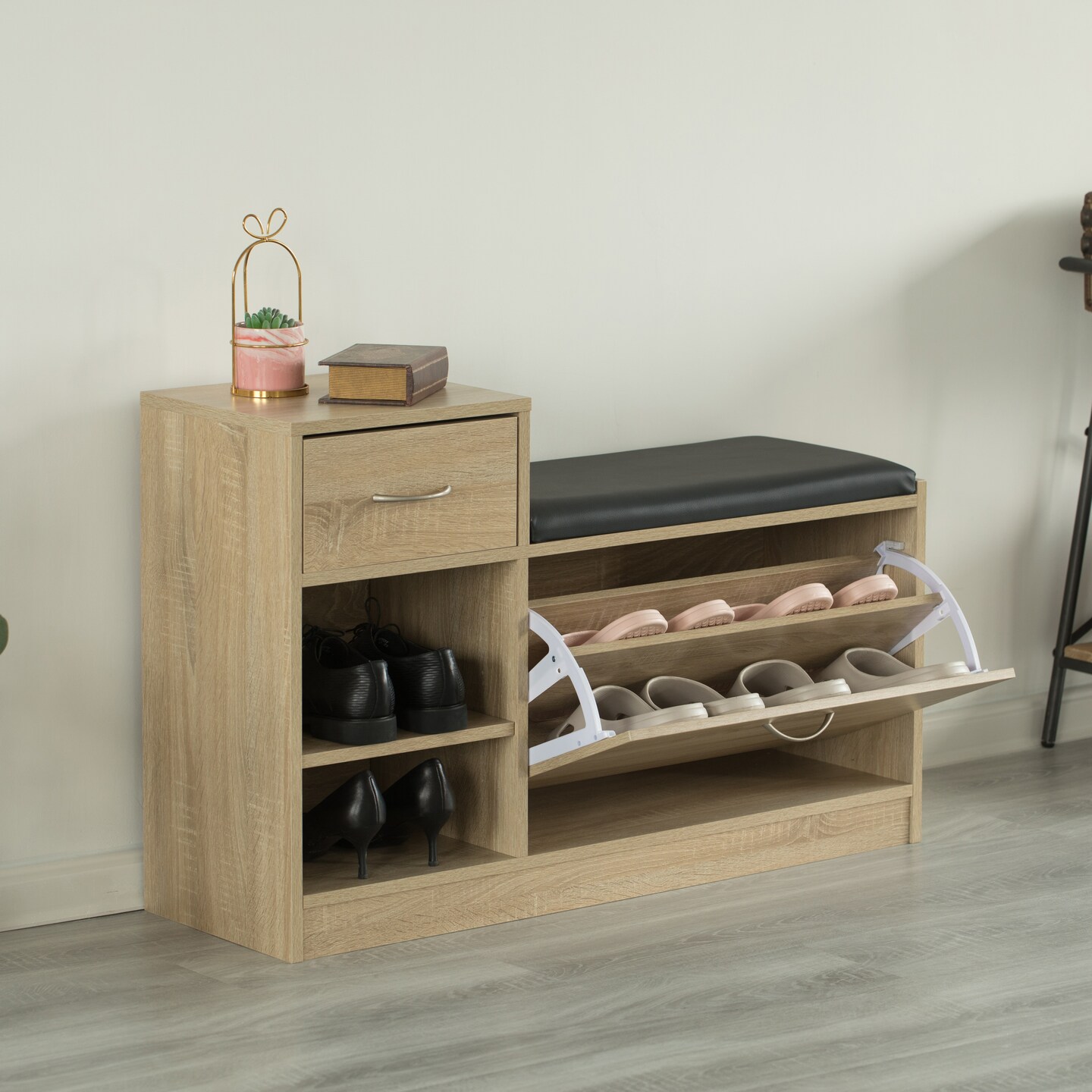Wooden Entryway Shoe Storage Bench with Cushion
