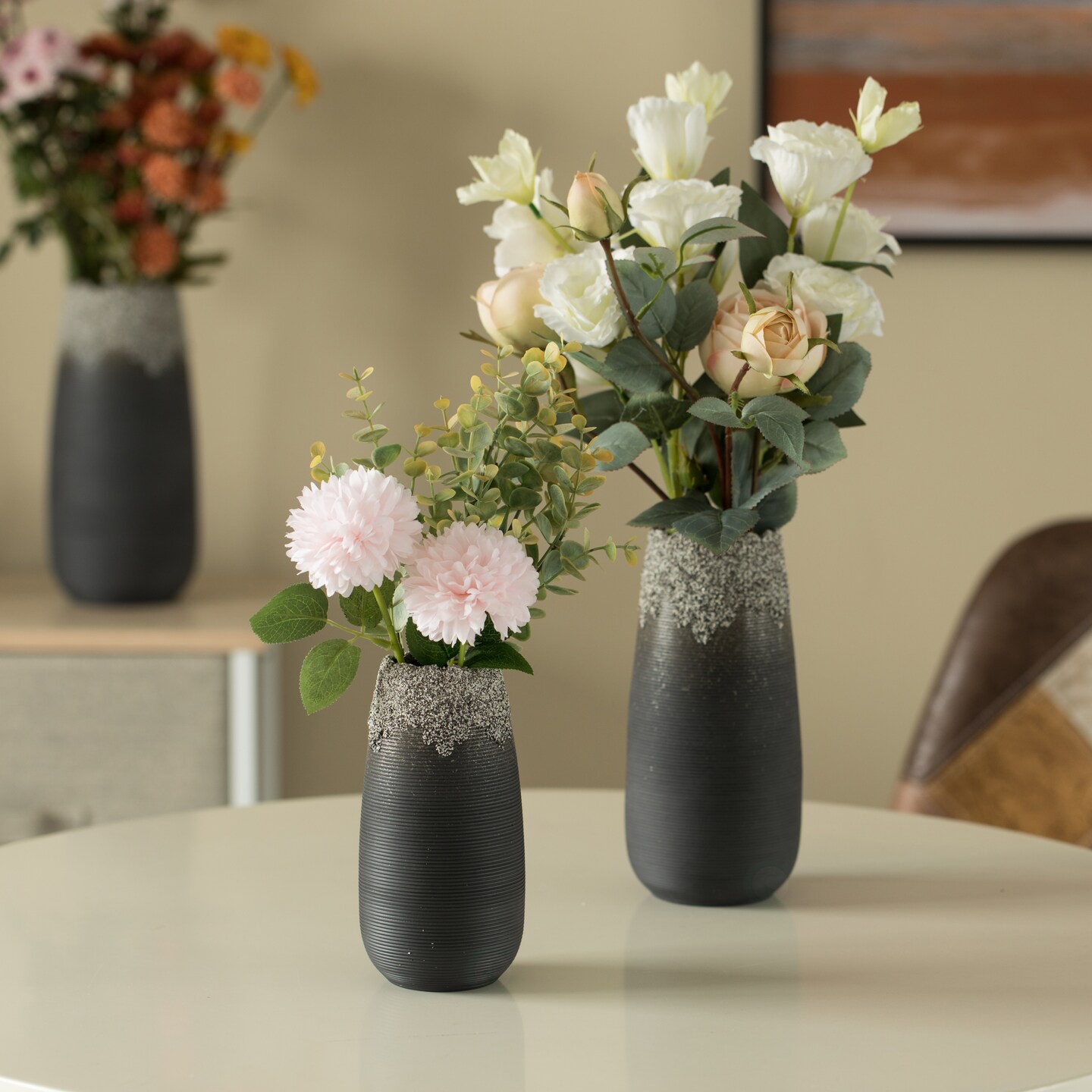 Modern Farmhouse Home Décor Accents; Boho Vases for Table Decor, Housewarming Gifts, Black Ceramic Table Vase with Dripping Crystal Look and Scalloped Opening Design