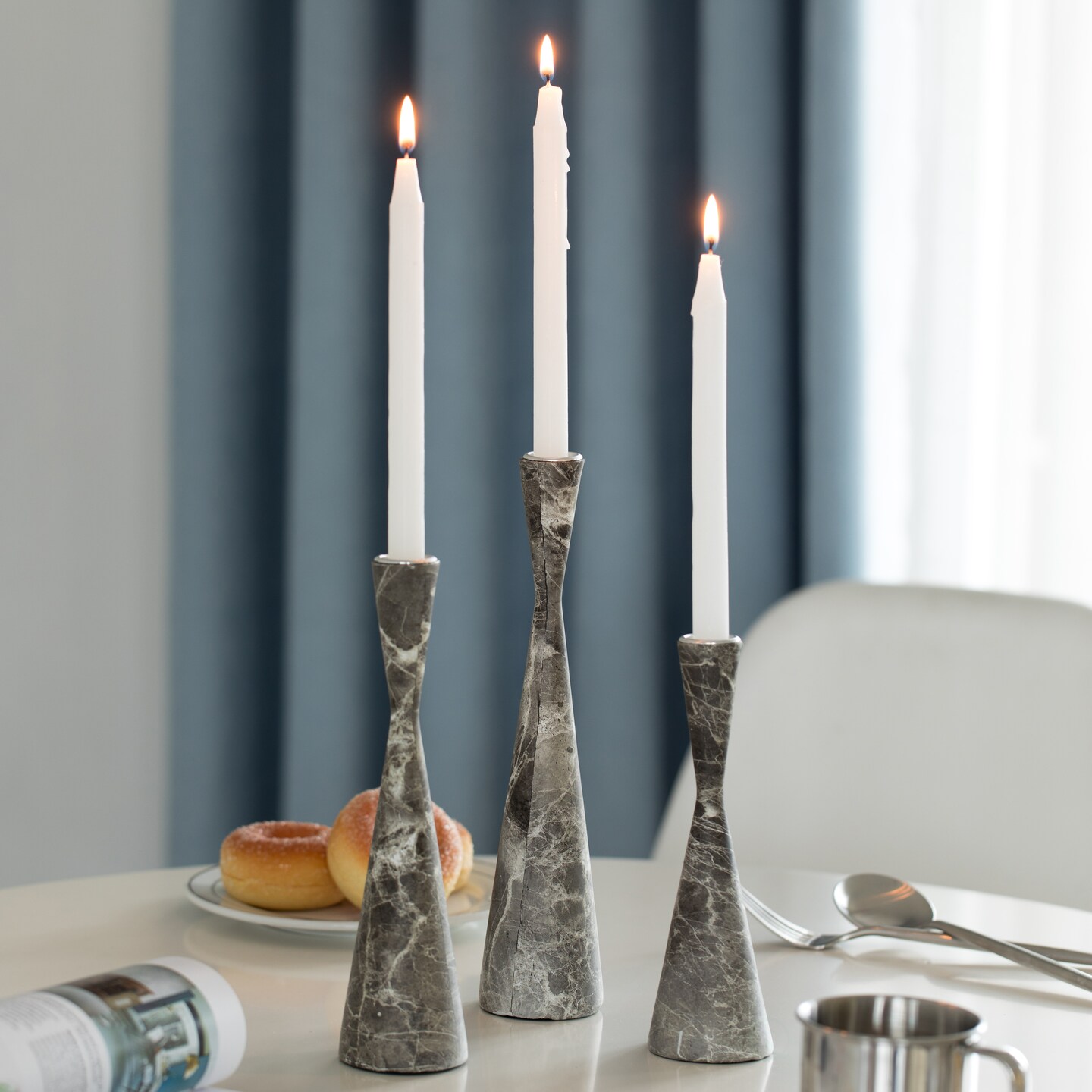 Set of 3 Decorative Resin Taper Candle Holders, Marble Design Modern Candlesticks