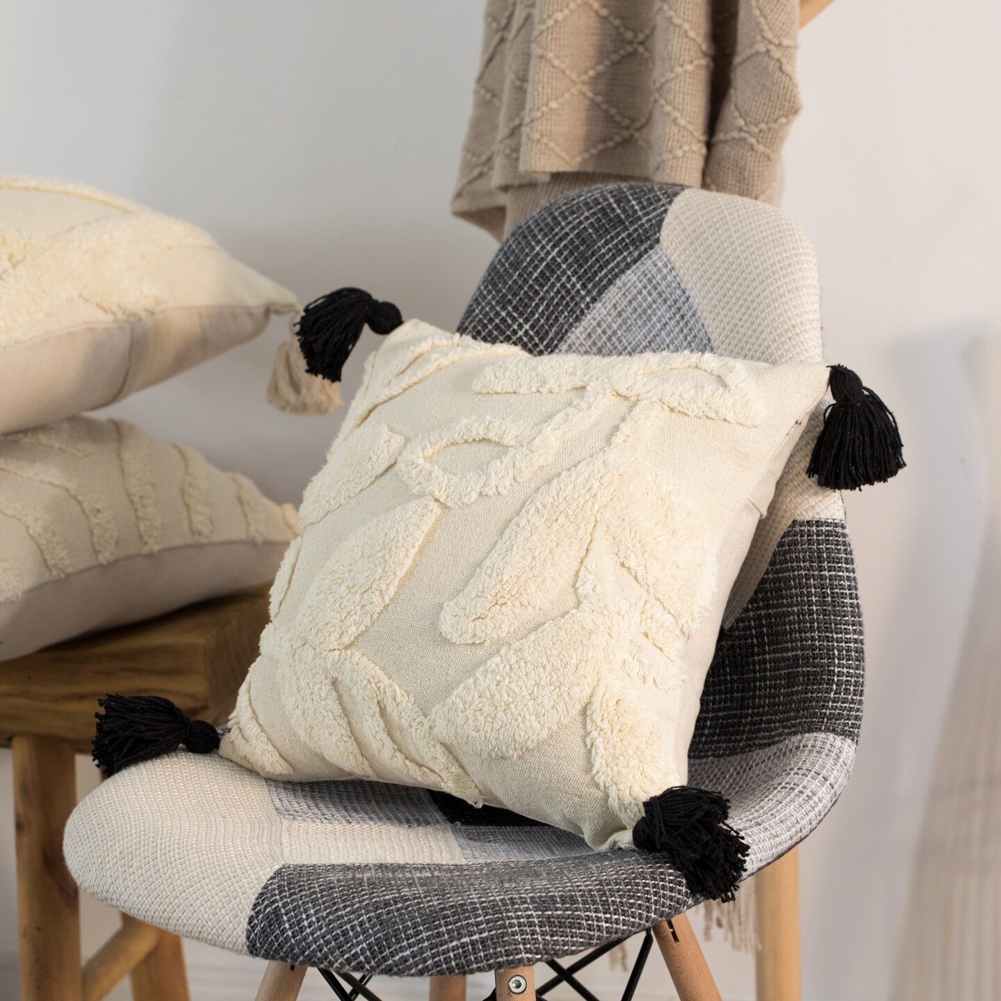 16" Handwoven Cotton Throw Pillow Cover with White on White Tufted Design and Tassel Corners