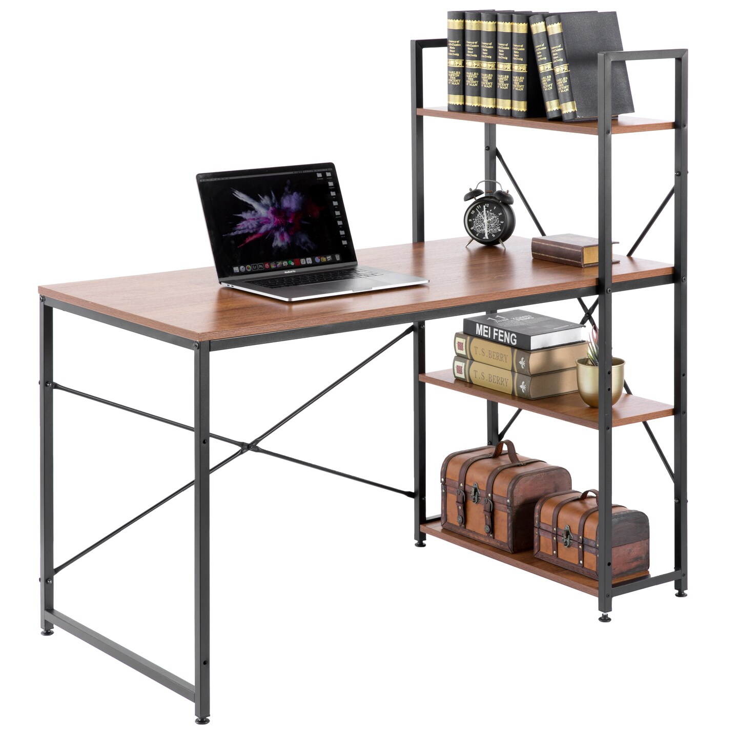 Wood and Metal Industrial Home Office Computer Desk with Bookshelves