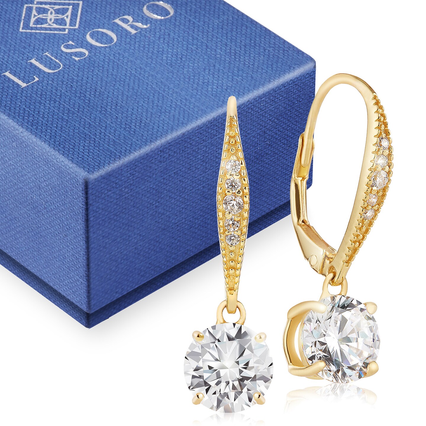 Lusoro 925 Sterling Silver Round AAA Cubic Zirconia, Pave Leverback Dangle Earrings