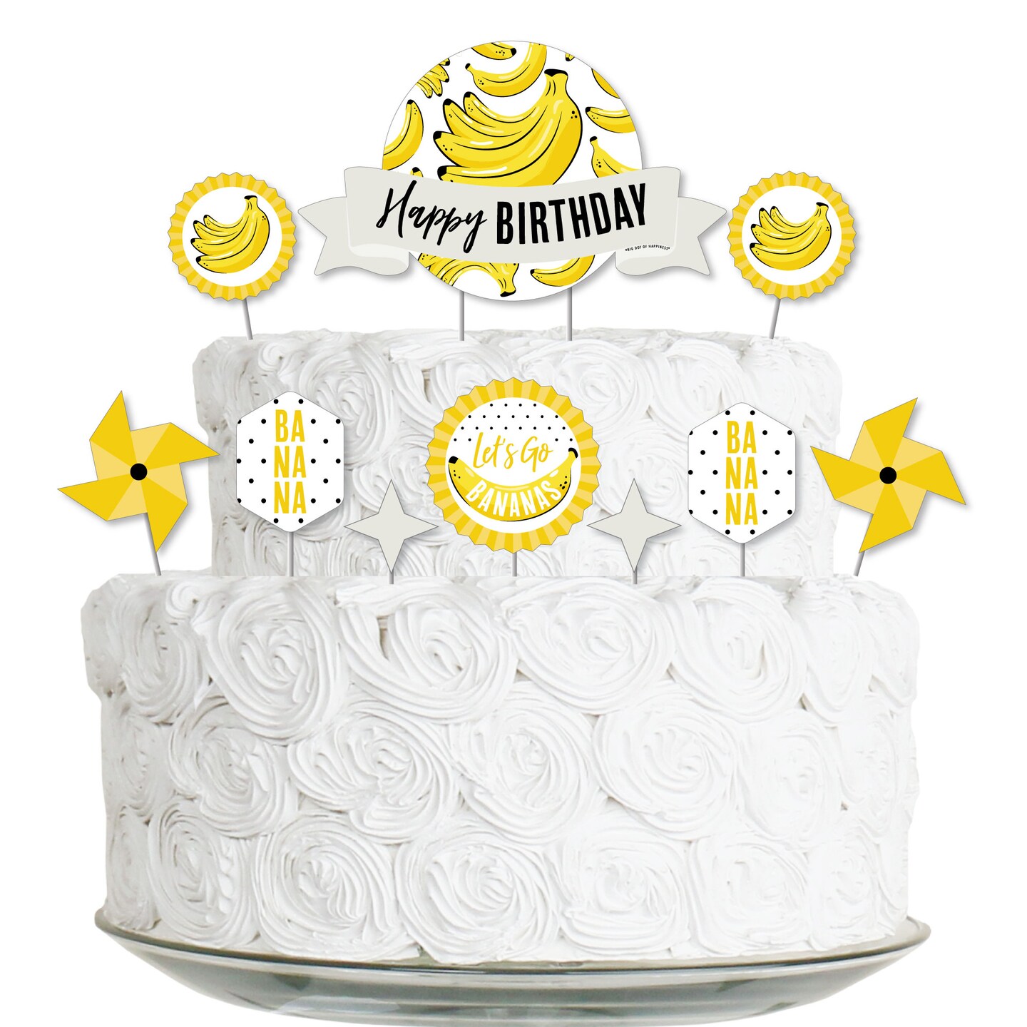 Big Dot of Happiness Let's Go Bananas - Tropical Birthday Party Cake Decorating Kit - Happy Birthday Cake Topper Set - 11 Pieces
