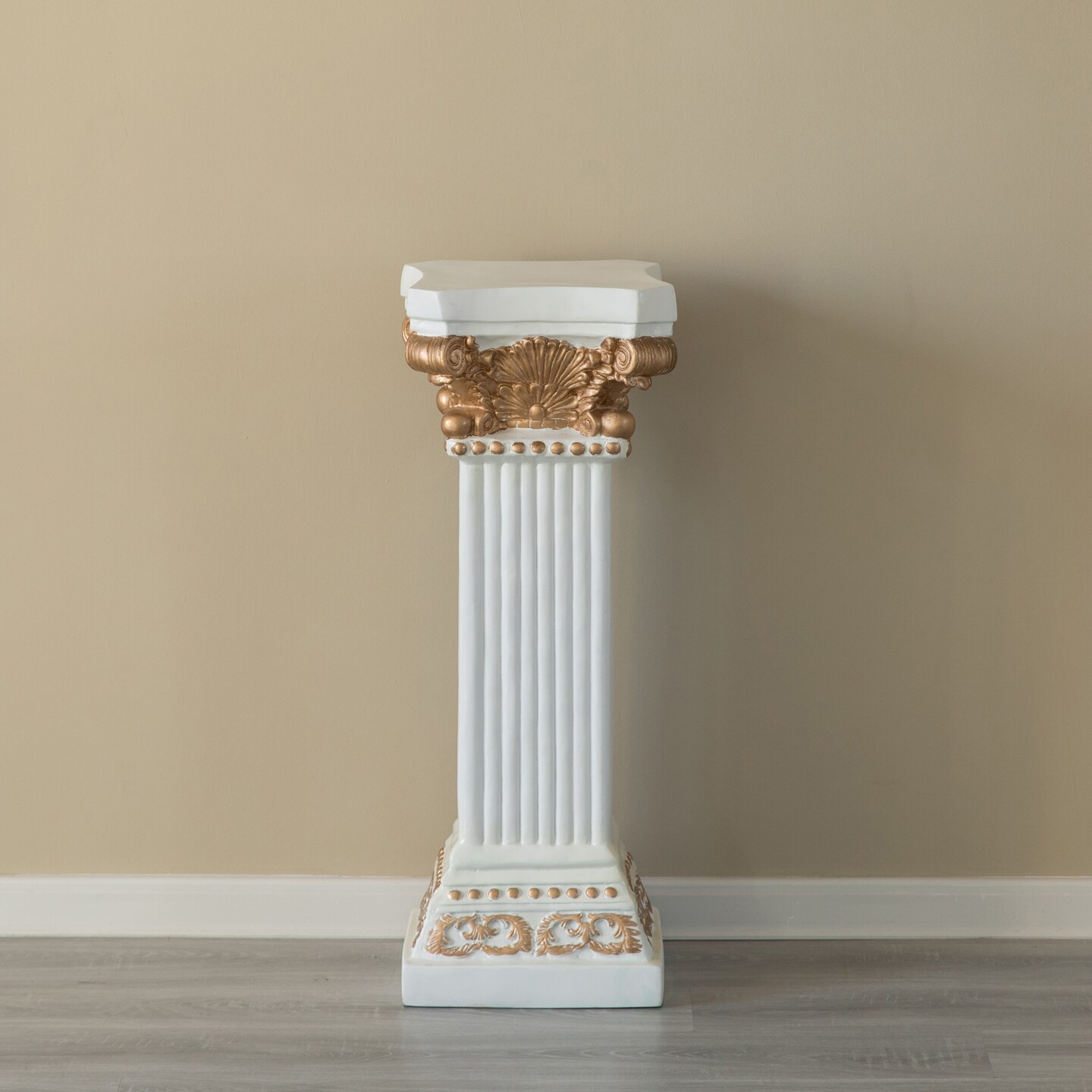 Decorative Fiberglass White and Gold Plinth Roman Style Column Ionic Piller Pedestal Vase Stand for Wedding or Party, Living Room, or Dining Room Decor - Photography Props - Sculpture Display - Greek-inspired Luxury Decor Piece with Ornate Gold Accen