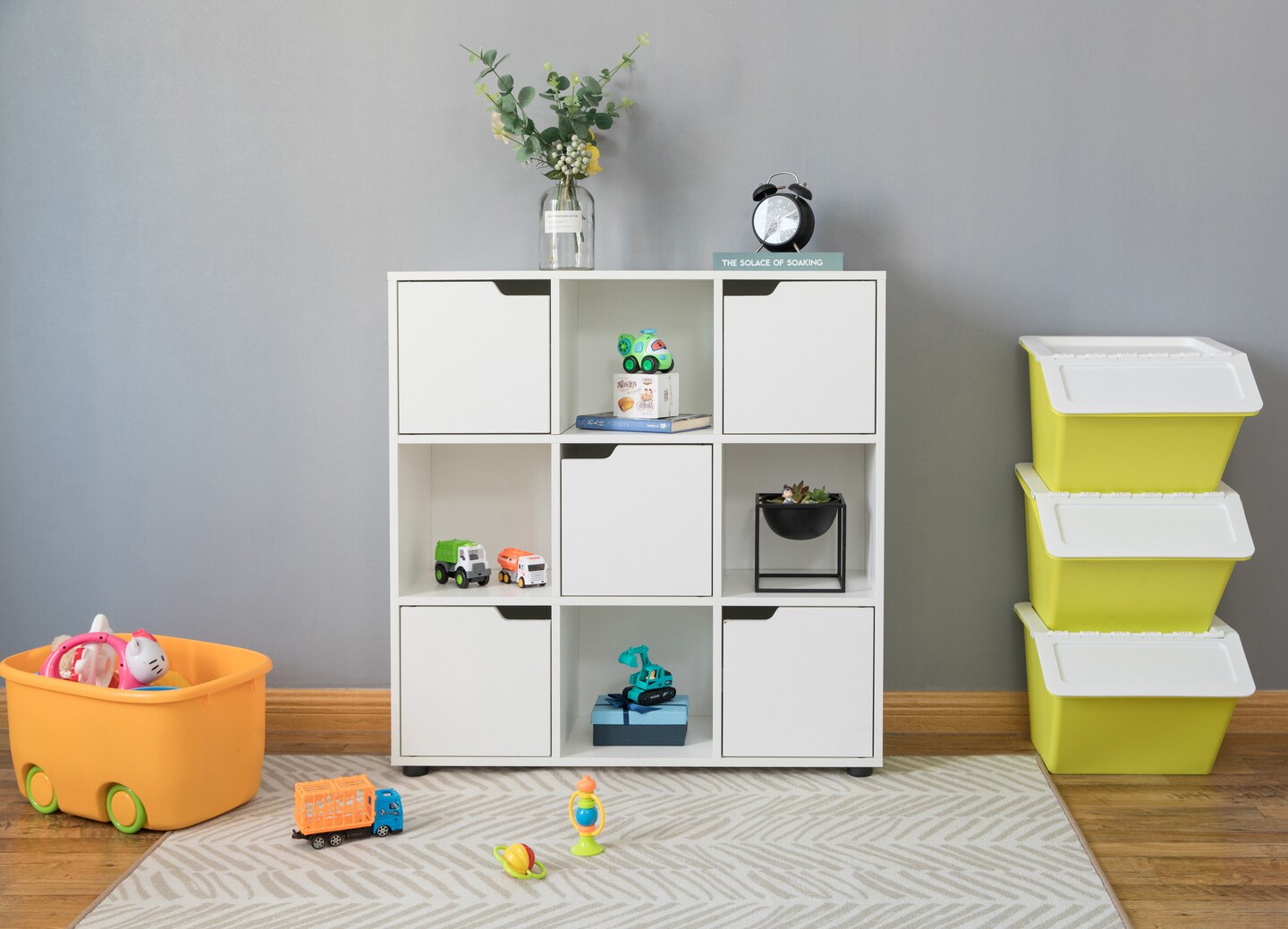 9 Cube Wooden Organizer With 5 Enclosed Doors and 4 Shelves