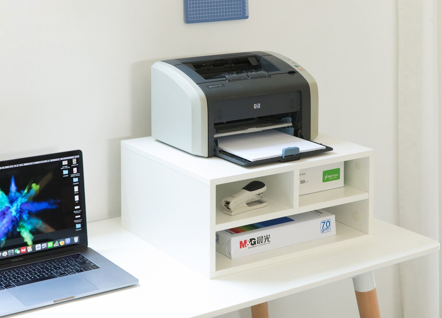 Printer Stand Shelf Wood Office Desktop Compartment Organizer