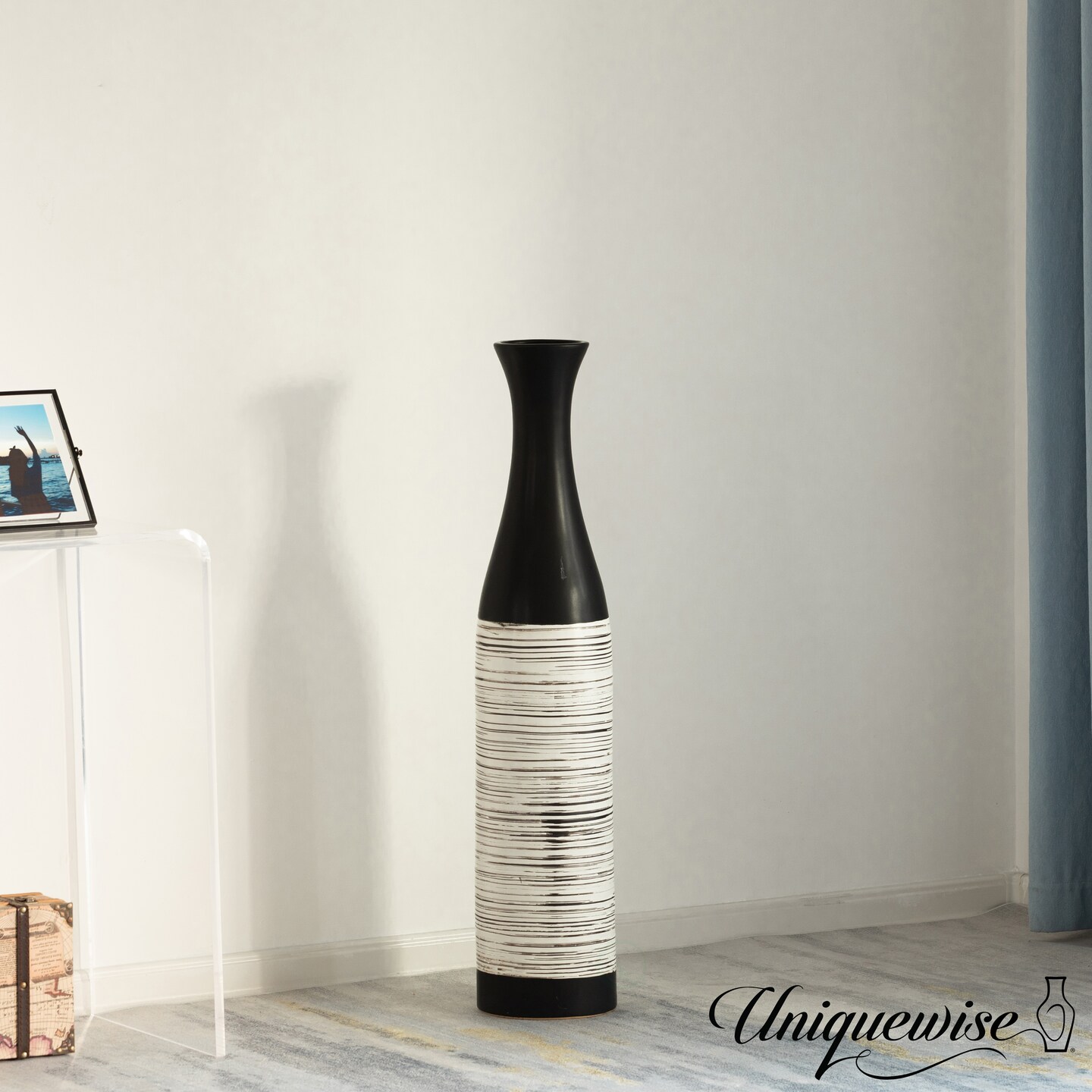 Handcrafted Black and White Waterproof Ceramic Floor Vase - Neat Classic Bottle Shaped Vase, Freestanding Design, Perfect for Tall Floral Arrangements