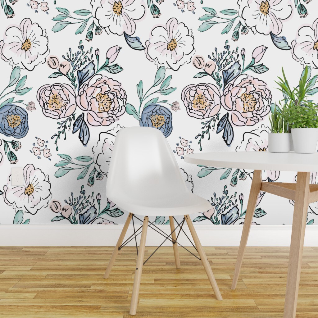 Pre-Pasted Wallpaper 2FT Wide Bloom Periwinkle Rose Blush Custom Pre-pasted Wallpaper by Spoonflower