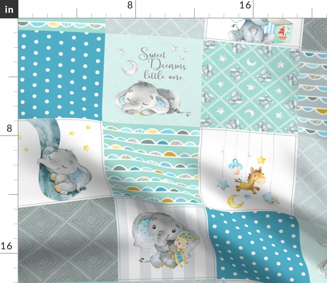 Baby Elephant Cheater Quilt Patchwork Wholecloth Blue Aqua Gray Custom Printed Fabric by Spoonflower Various Fabrics by the Yard or Fat Quarter