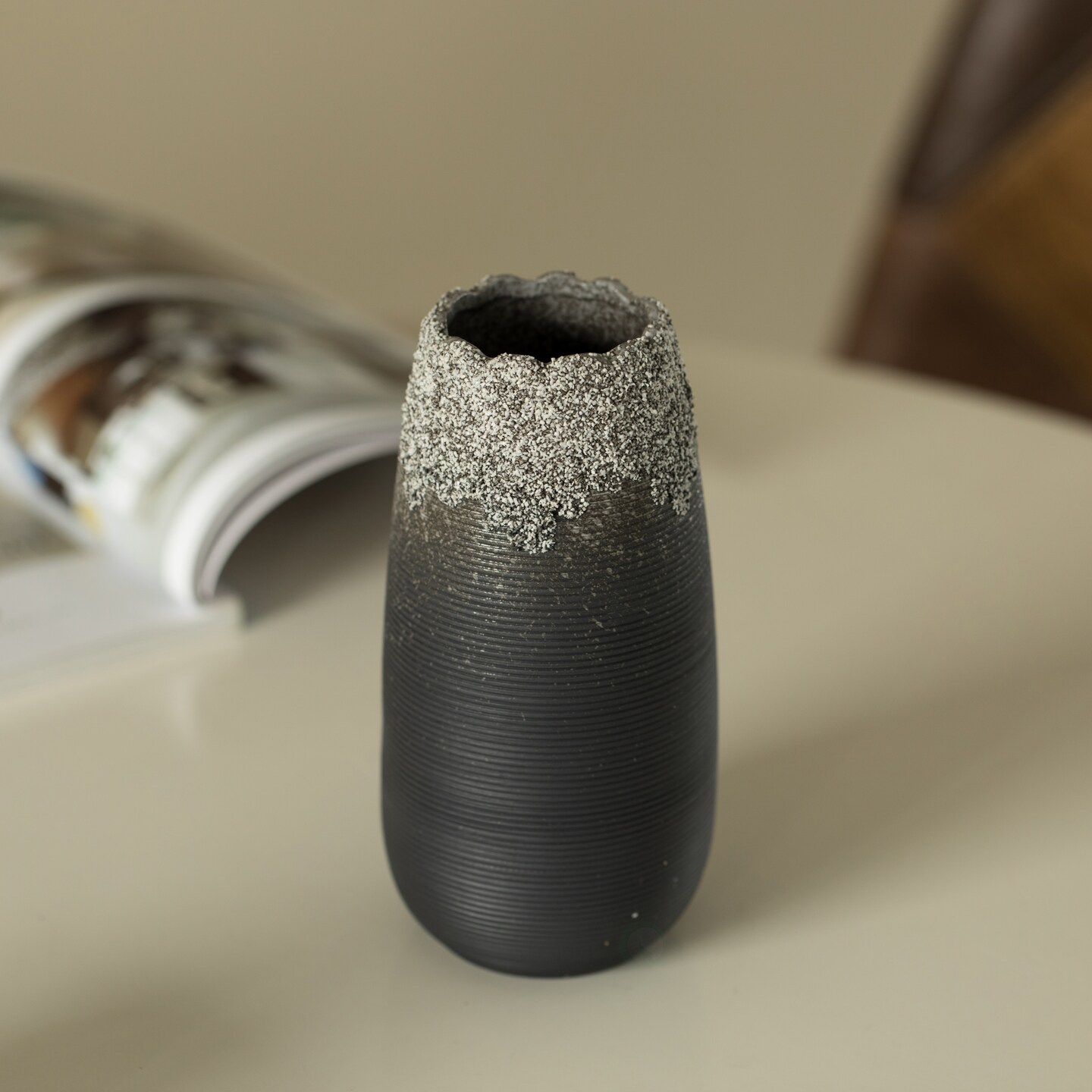 Modern Farmhouse Home D&#xE9;cor Accents; Boho Vases for Table Decor, Housewarming Gifts, Black Ceramic Table Vase with Dripping Crystal Look and Scalloped Opening Design