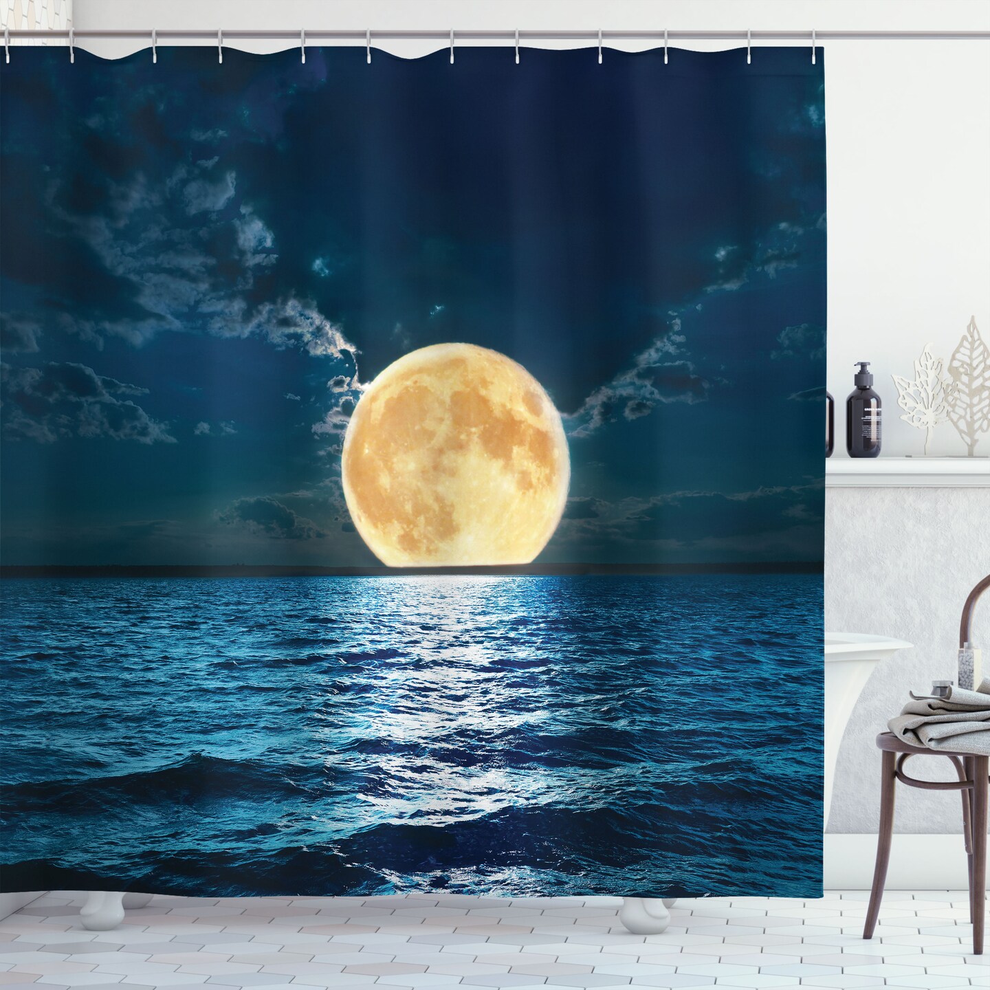 Ambesonne Ocean Shower Curtain, Super Moon Over Ocean Surface Midnight View Dreamy Mystic Picture Print, Cloth Fabric Bathroom Decor Set with Hooks, 69&#x22; W x 70&#x22; L, Yellow Navy
