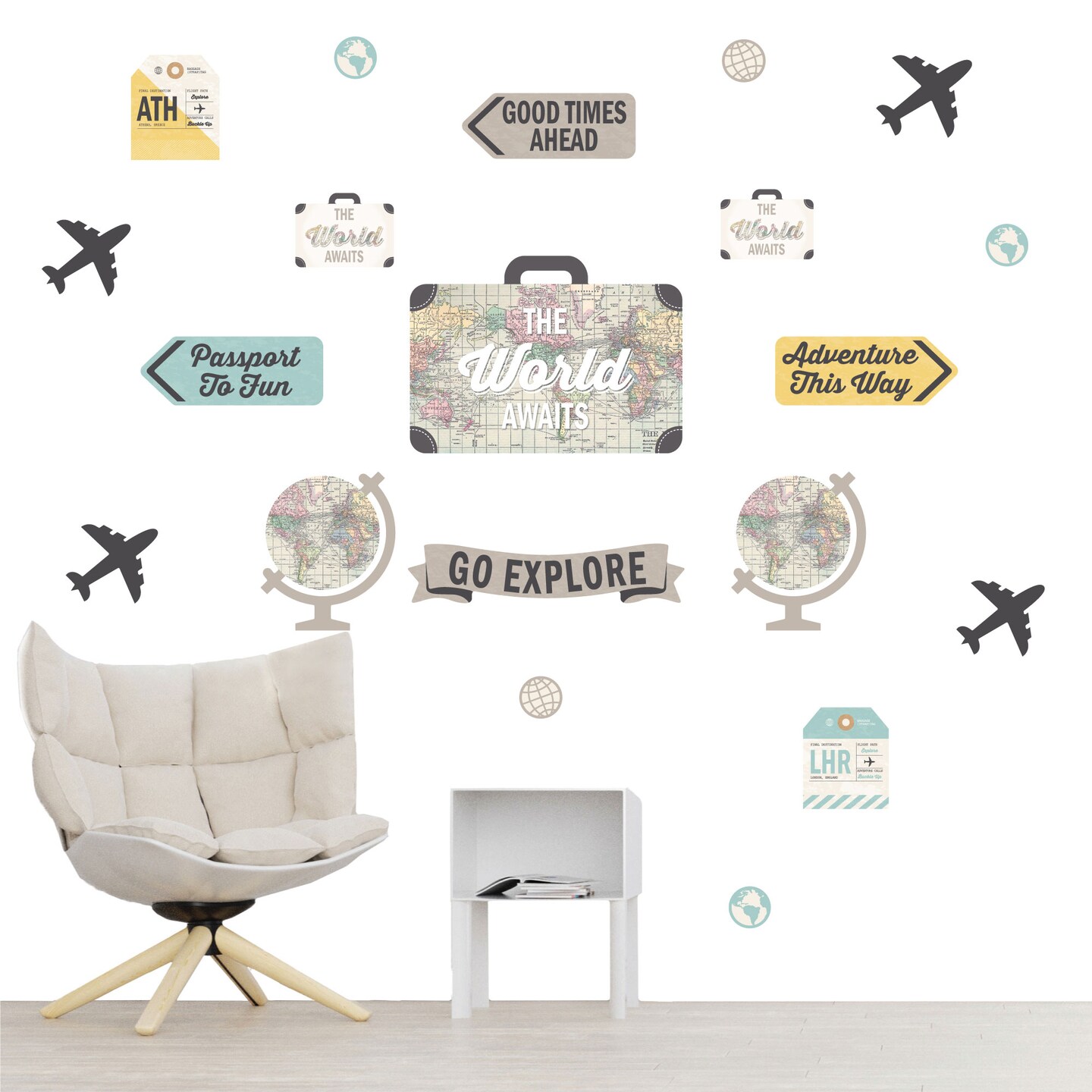 Big Dot of Happiness World Awaits - Peel and Stick Map Vinyl Wall Art Stickers - Wall Decals - Set of 20