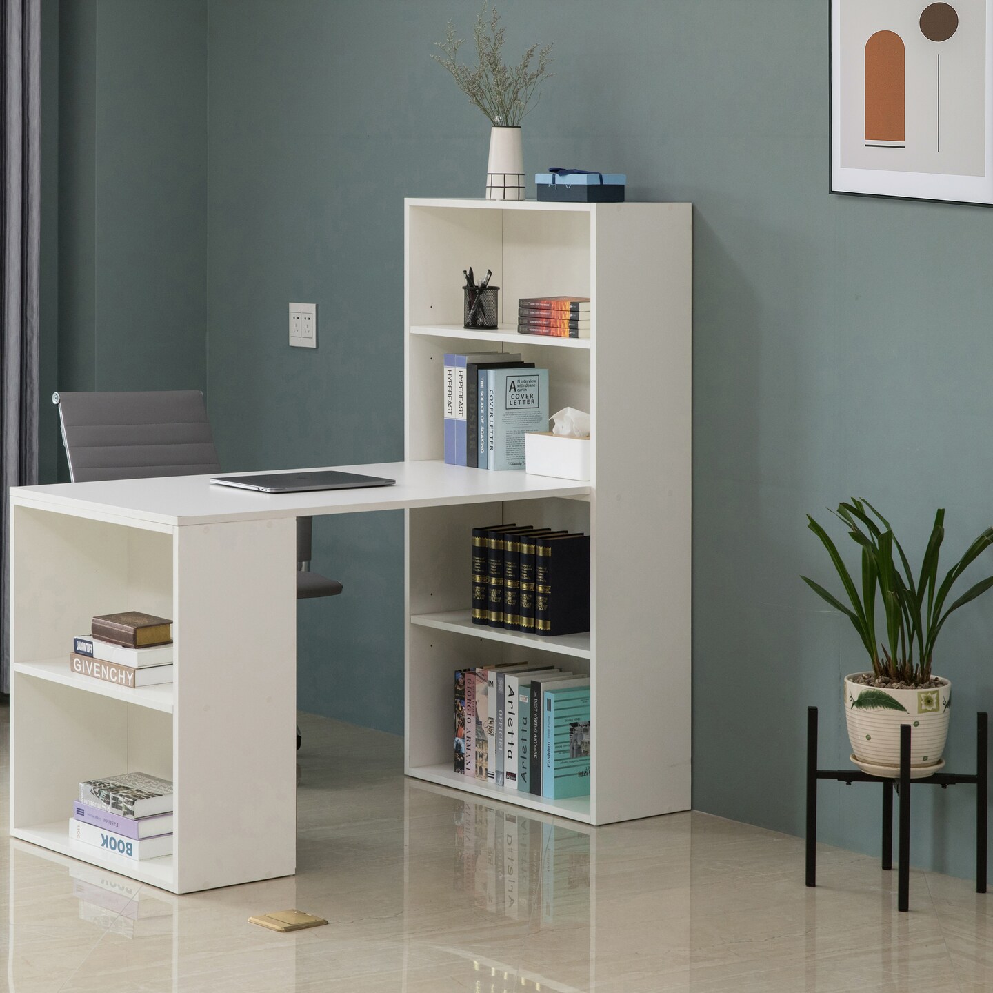 Computer Writing Workstation Table with Combo Bookshelf Bookcase