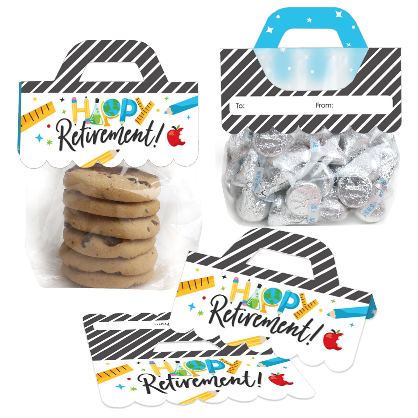 Big Dot of Happiness Teacher Retirement - DIY Happy Retirement Party Clear Goodie Favor Bag Labels - Candy Bags with Toppers - Set of 24