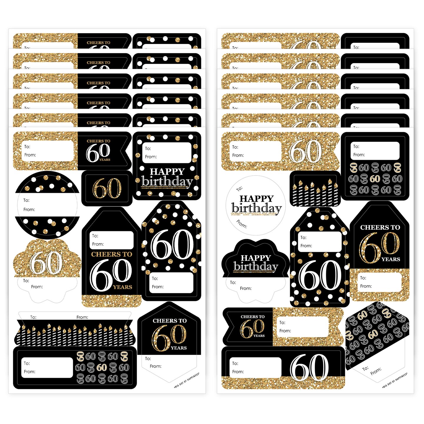 Big Dot of Happiness Adult 60th Birthday - Gold - Assorted Birthday Party Gift Tag Labels - To and From Stickers - 12 Sheets - 120 Stickers