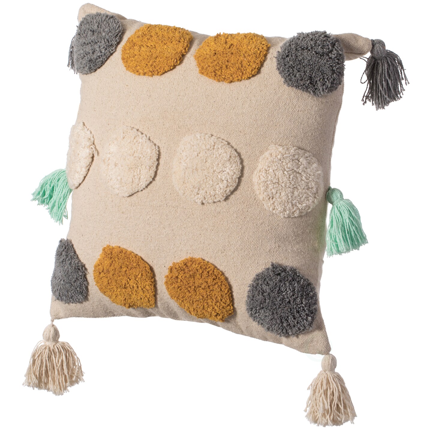 16" Handwoven Cotton Throw Pillow Cover with Tufted designs and Side Tassels