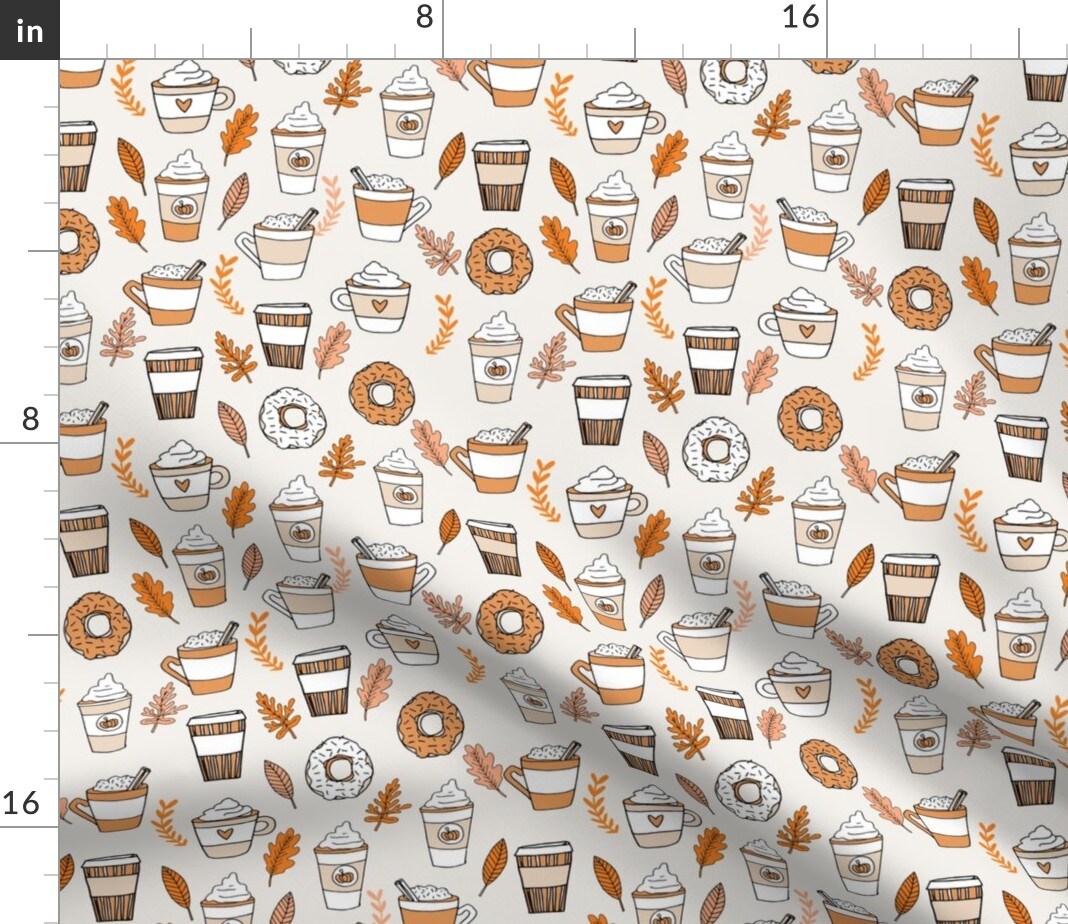 Pumpkin Spice Latte Coffee Donuts Fall Autumn Ivory White Custom Printed Fabric by Spoonflower Various Fabrics by the Yard or Fat Quarter