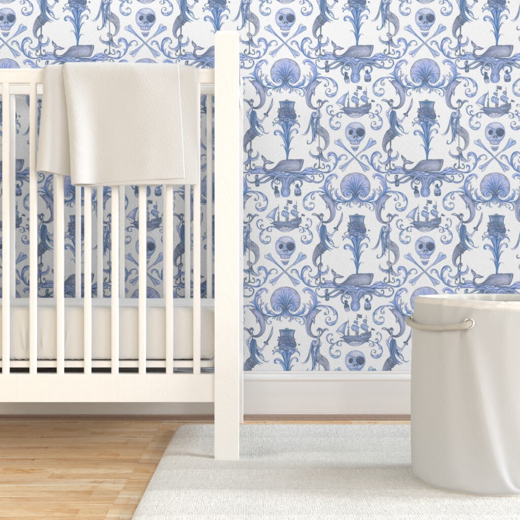 Pre-Pasted Wallpaper 2FT Wide Antique Blue Pirate Octopus Skull Dolphin Mermaid Whale Shell Whimsical Vintage Era Custom Pre-pasted Wallpaper by Spoonflower