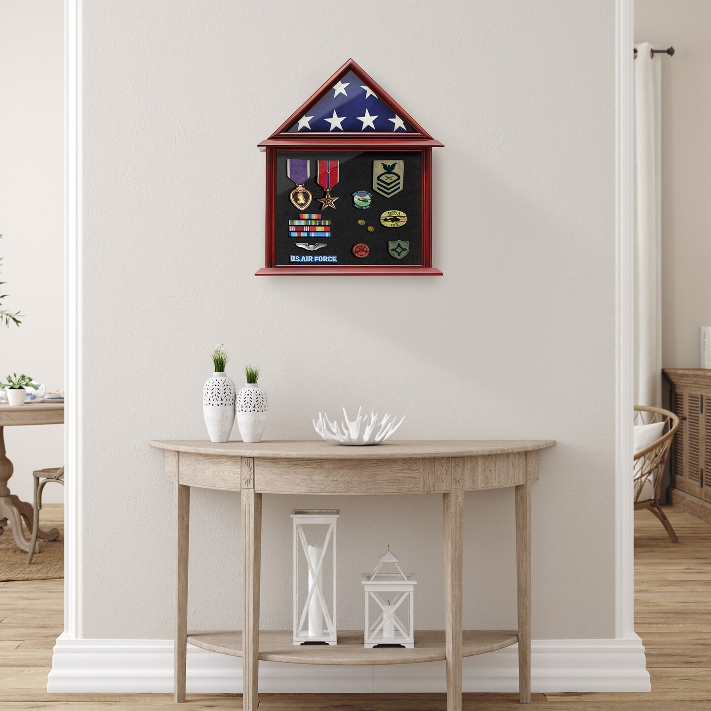 Reminded Flag and Certificate Shadow Box Display Case fits 3' x 5' Home Flown Flag, Solid Wood Mahogany Finish