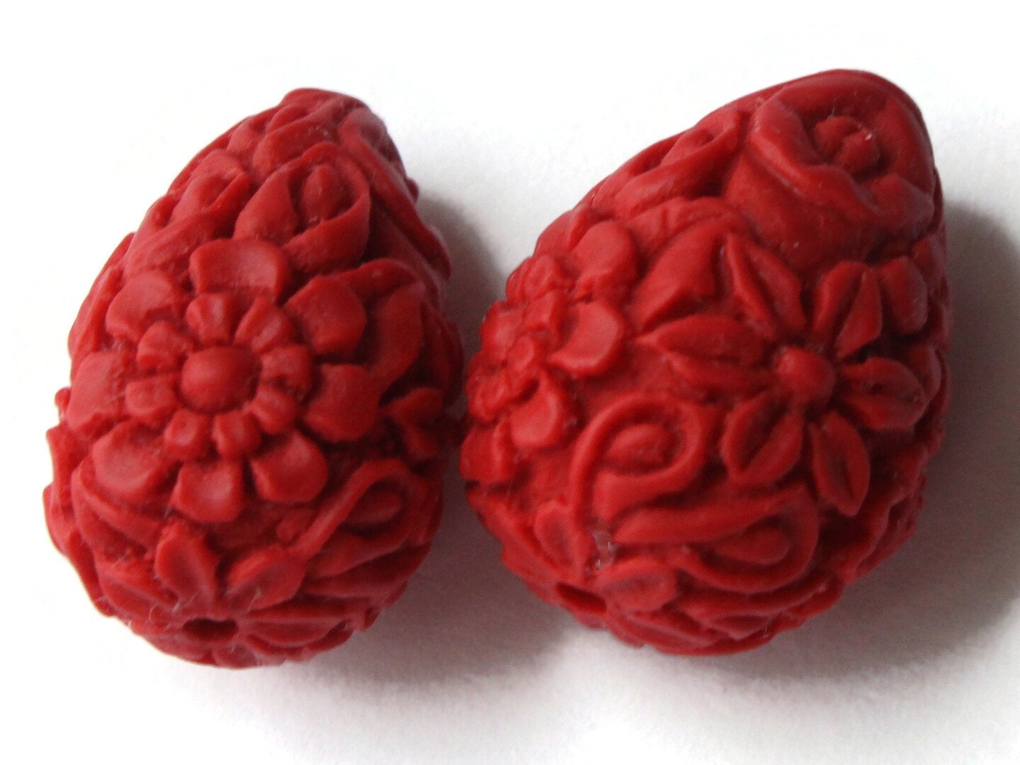 2 Floral Cinnabar Teardrop Lacquer Beads Loose Red Flower Patterned Beads