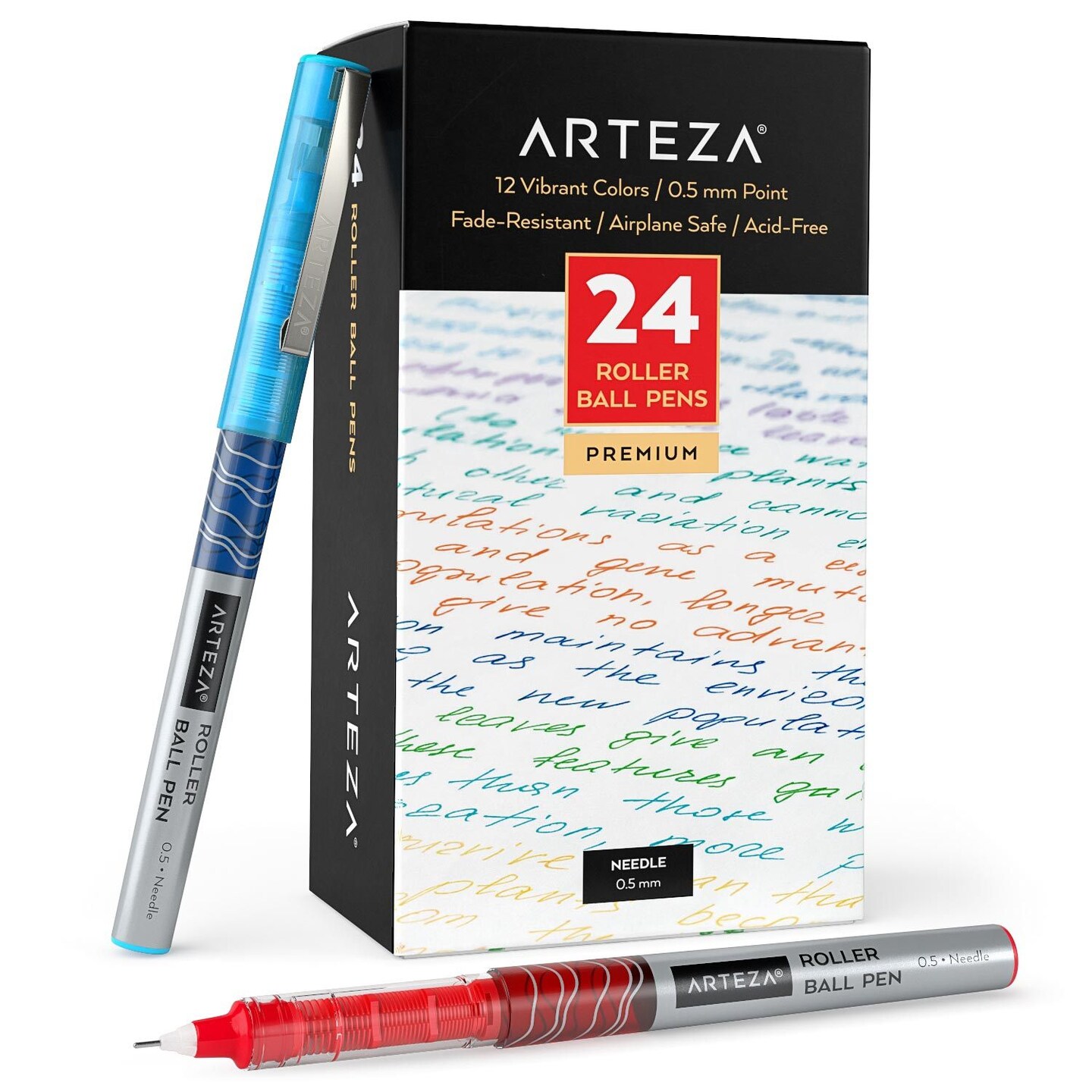Arteza Roller Ball Pens 0.5 mm Needle Point Set, Assorted Ink Colors - 24 Pack