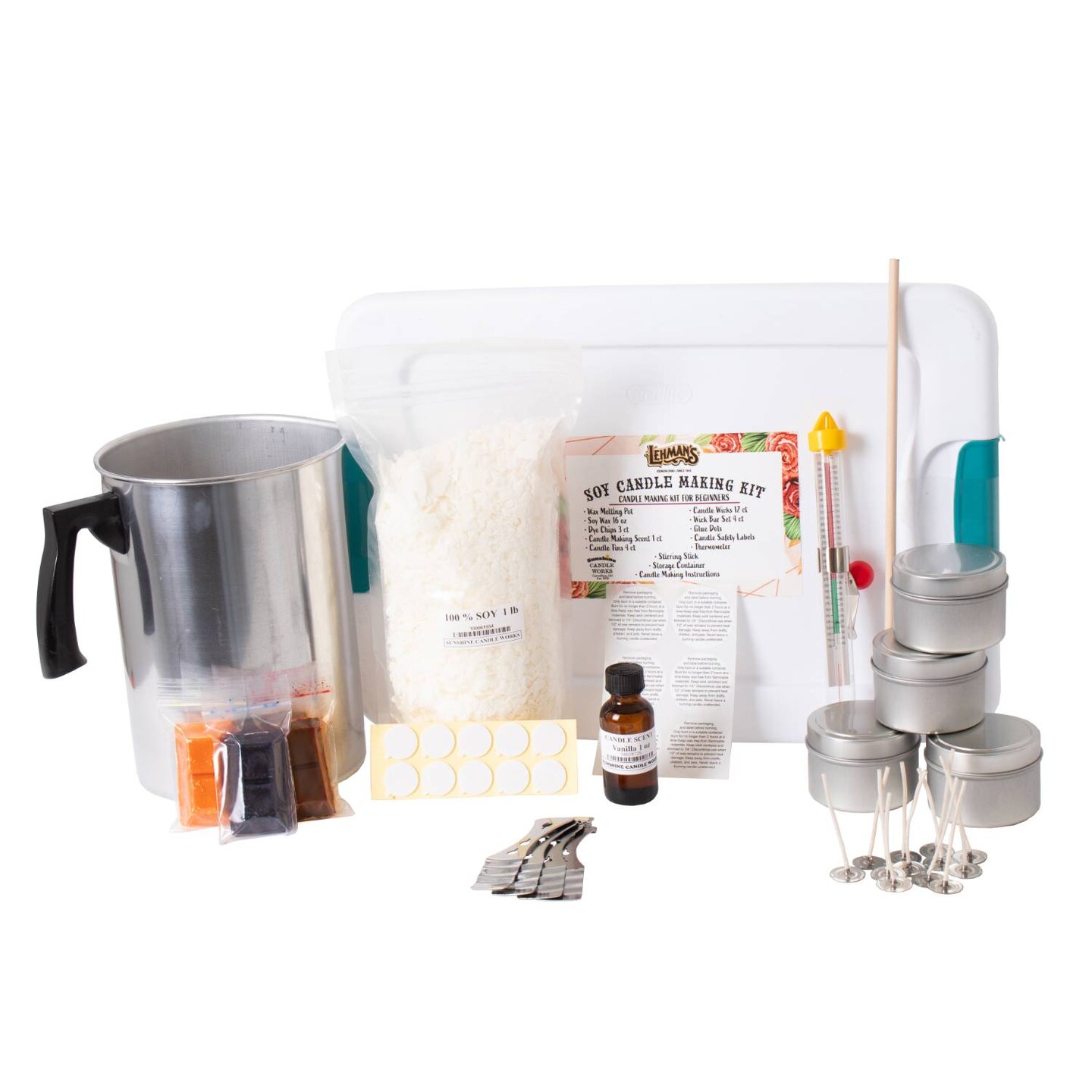 Lehman's Soy Candle Making Kit for Beginners, Complete Set, Makes four 2.5 oz Gift Size Candle Tins, Scented