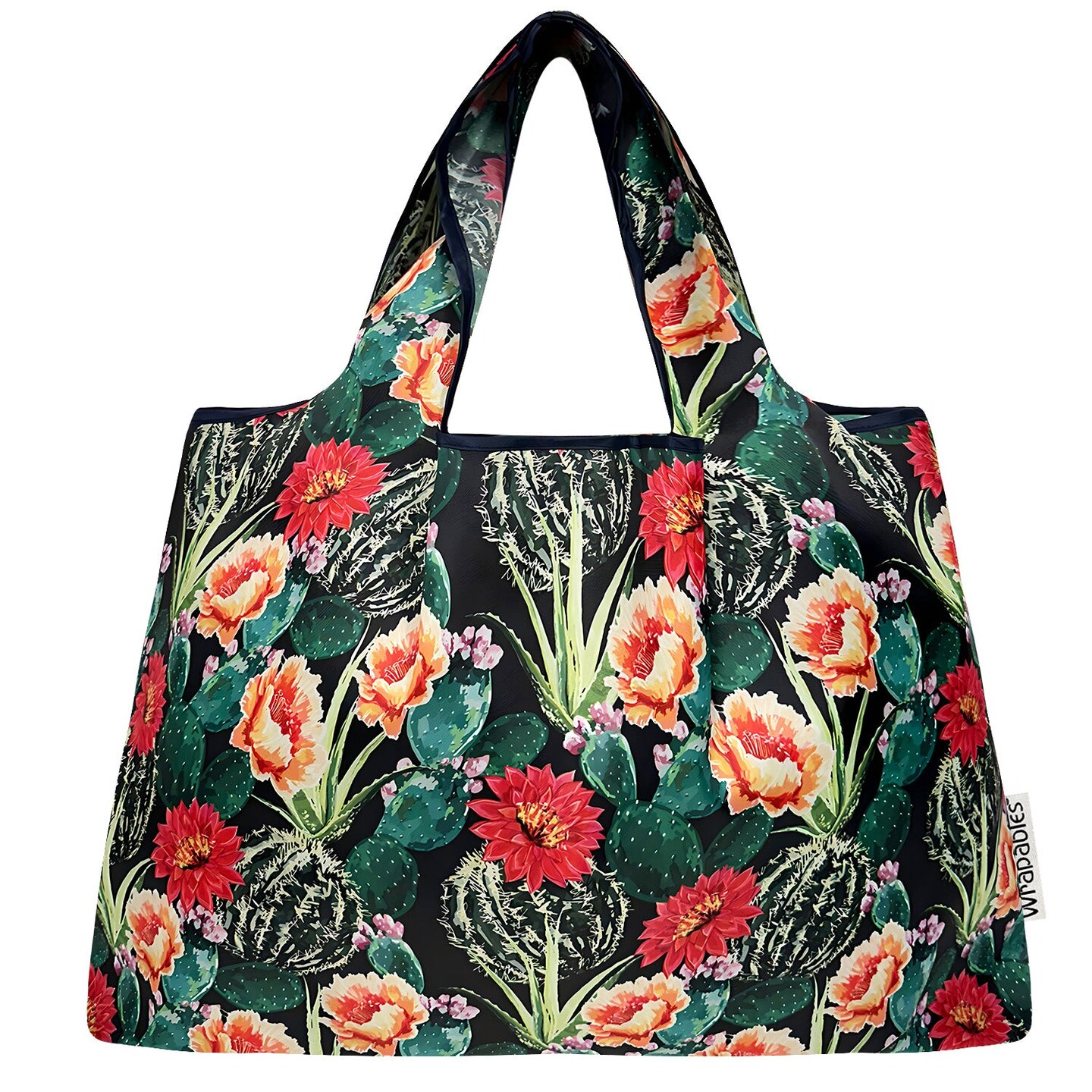 Wrapables Large Foldable Tote Nylon Reusable Grocery Bags, Floral Cactus