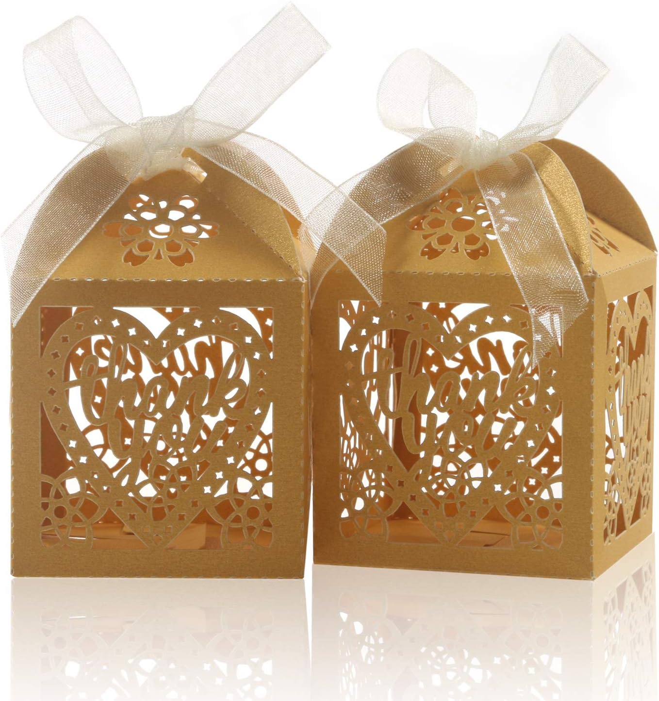 100 Gold Laser Cut Thank You Gift Boxes with Ribbons