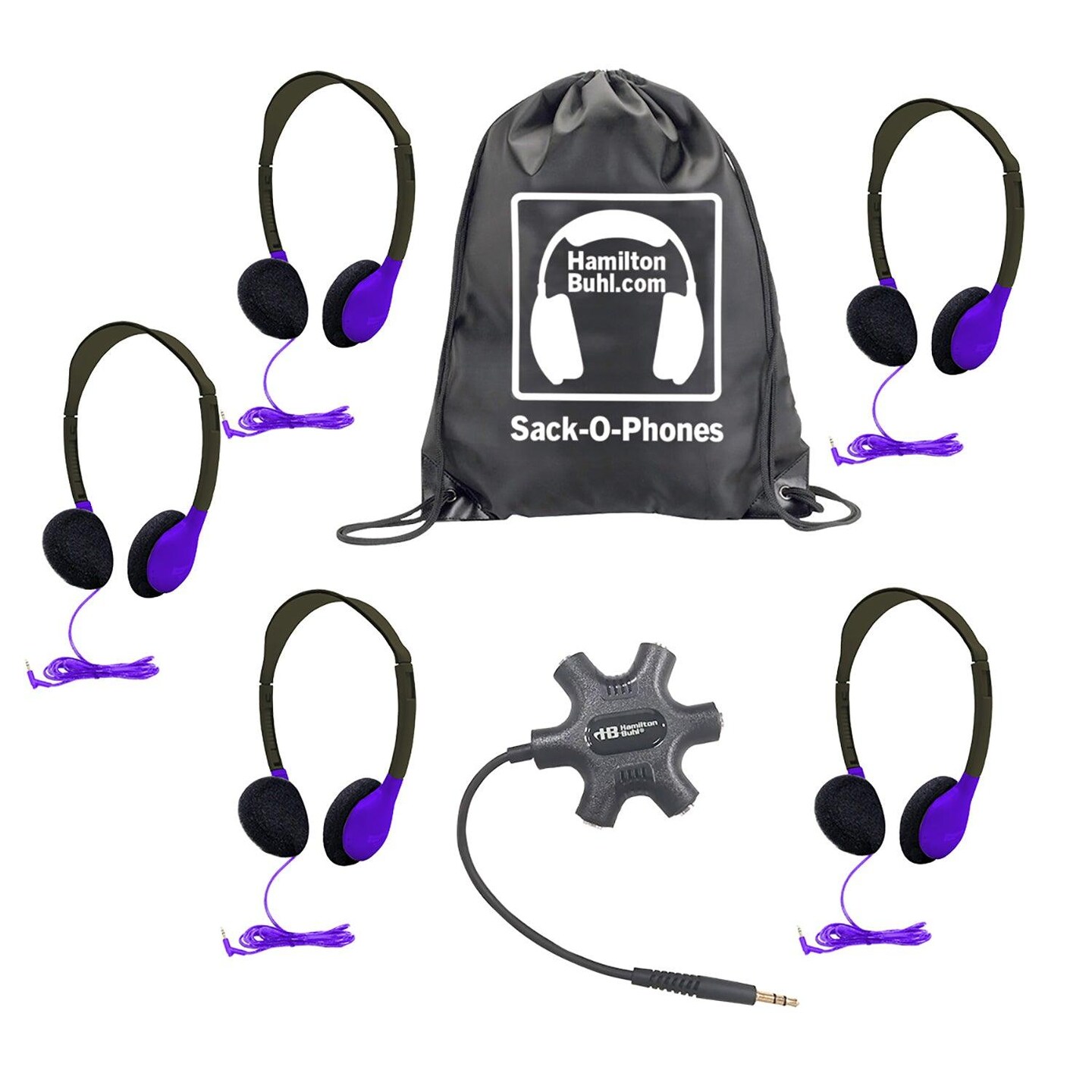 Galaxy&#x2122; Econo-Line of Sack-O-Phones with 5 Purple Personal-Sized Headphones, Starfish Jackbox and Carry Bag