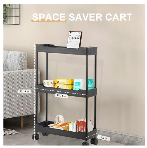 3 Tier Slim Rolling Storage Cart Laundry Room Rolling Cart for Between Washer and Dryer Mobile Shelf Unit