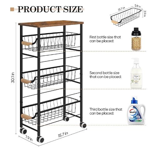 4-Tier Narrow Rolling Cart&#xFF0C;with Pull-Out Iron Basket, Sturdy Slim Storage Cabinet Iron and Wood Combination&#xFF0C;Ideal for Kitchen