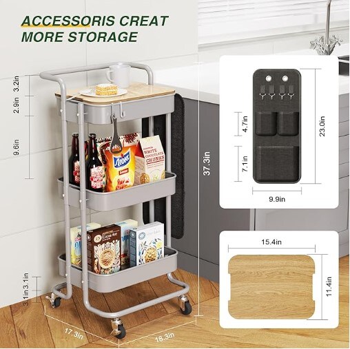 3 Tier Metal Rolling Cart with Table Top, Utility Cart with Wheels and Side Bags, Rolling Storage Cart for Teachers, Art Craft Cart with 4 Hooks for Kitchen, Bathroom, Office, and Classroom Gray