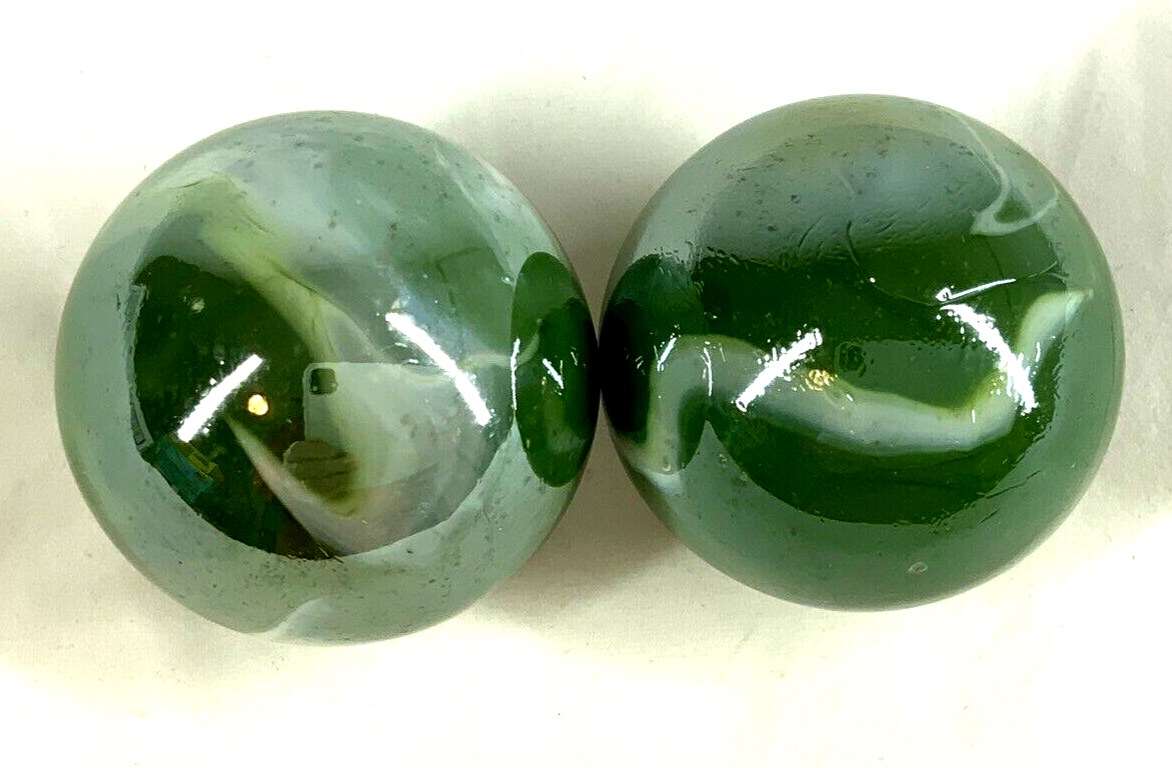 2 Boulders 50mm (1 5/8&#x22;) FUNGUS Marbles glass ball Green White Iridescent large Swirl