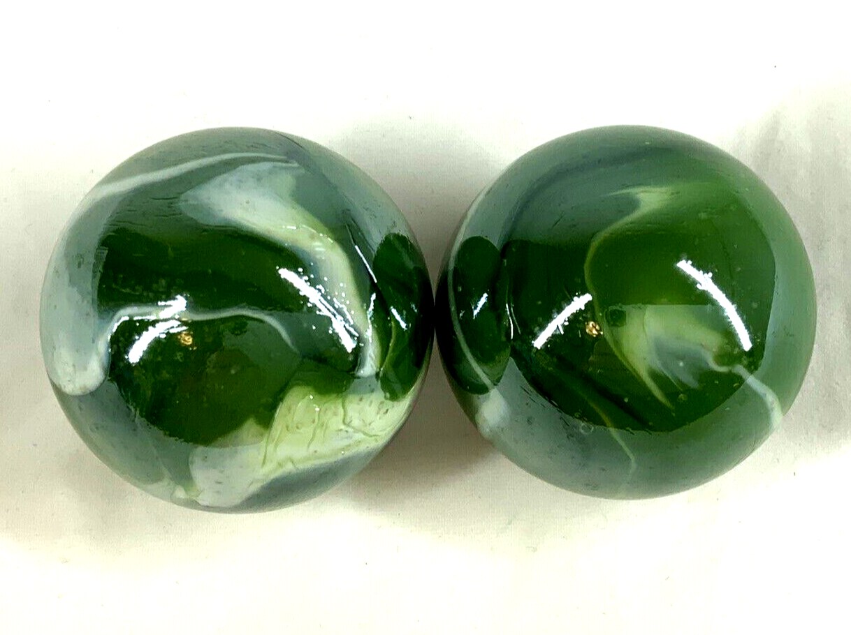 2 Boulders 50mm (1 5/8&#x22;) FUNGUS Marbles glass ball Green White Iridescent large Swirl