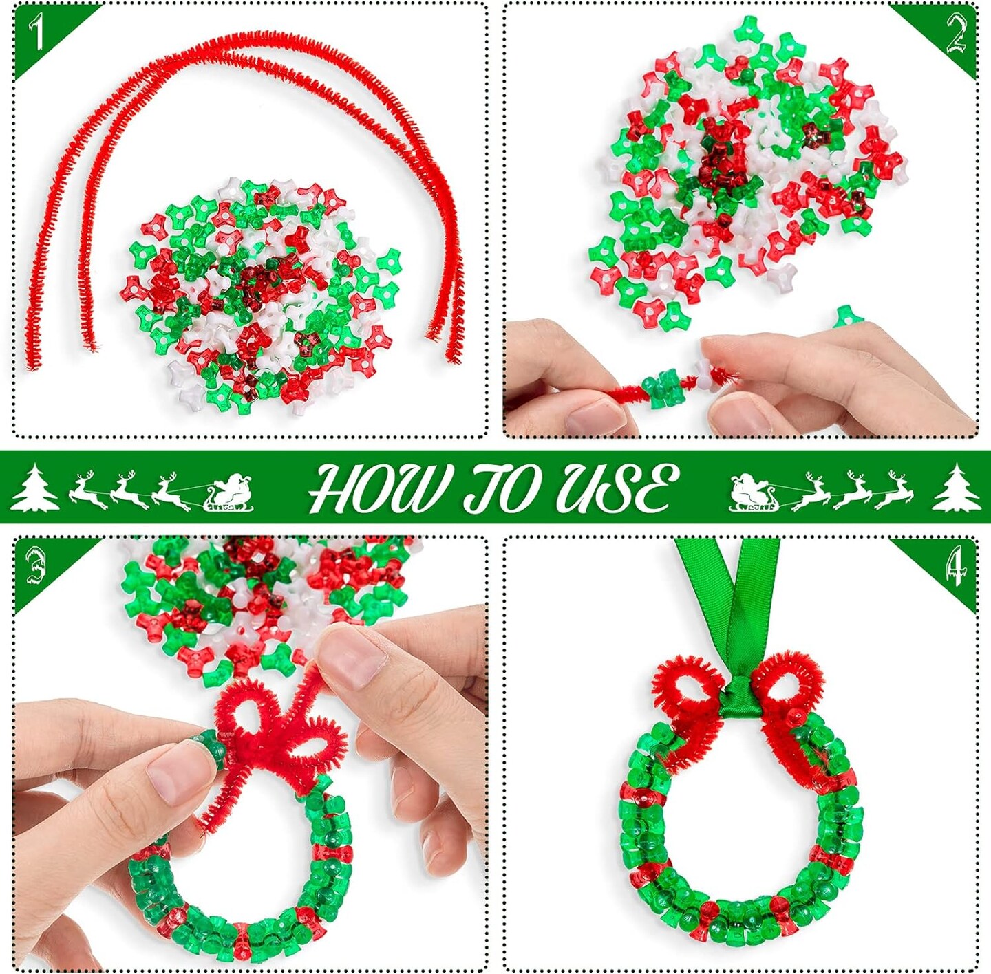 1472 Pieces Christmas Beaded Ornament DIY Craft Kit Xmas Party Craft Wreath Candy Cane Christmas Tri Beads Plastic Beads Chenille Stems and Ribbons Holiday Kids Supplies for Christmas Tree Decoration