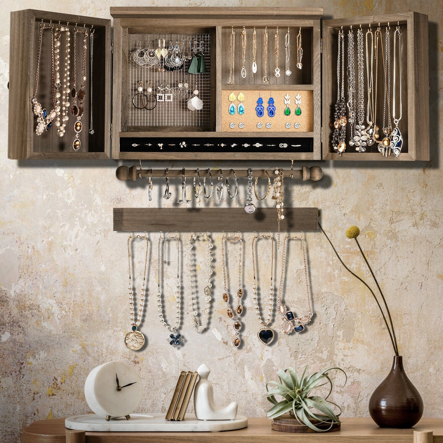 Rustic Wall Mounted 2024 Jewelry Organizer with Wooden Barndoor Decor