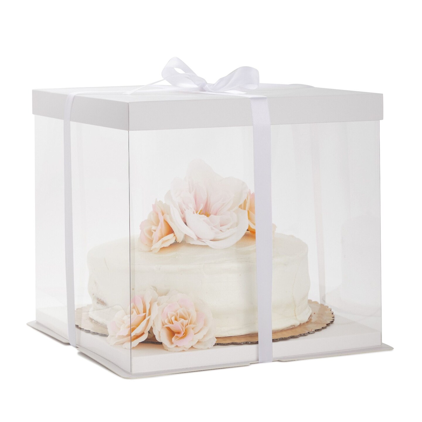 Tall Cake Boxes with Ribbon, Clear Carriers for 10-Inch Cakes (White, 12x12x10 In, 4 Pack)