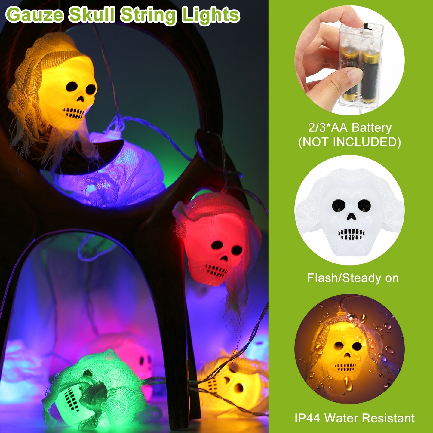 24ft Halloween String Lights with Colorful 3D Spooky Skeleton Ghost | Gauze Skull Lights