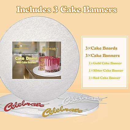 GoldenBakeryFamily 10 Inch Cake Drums with Banner Cake Topper-Cake Board Round White(3-Pack)